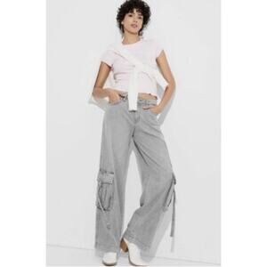 Women's Mid-Rise Wide Leg Cargo Baggy Pants - Wild Fable™ Gray Wash 16 New